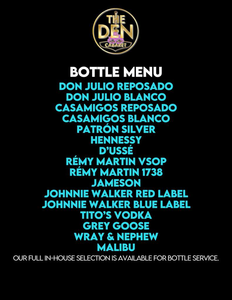 The Den Cabaret Bottle Service Menu