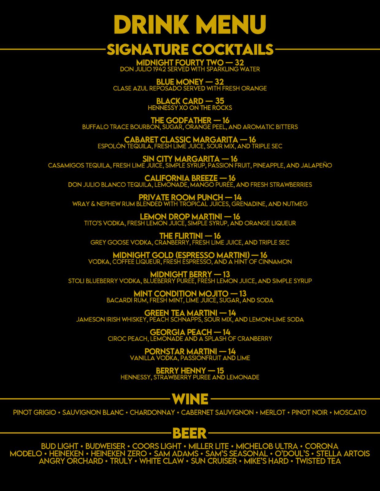 The Den Cabaret Drink Menu