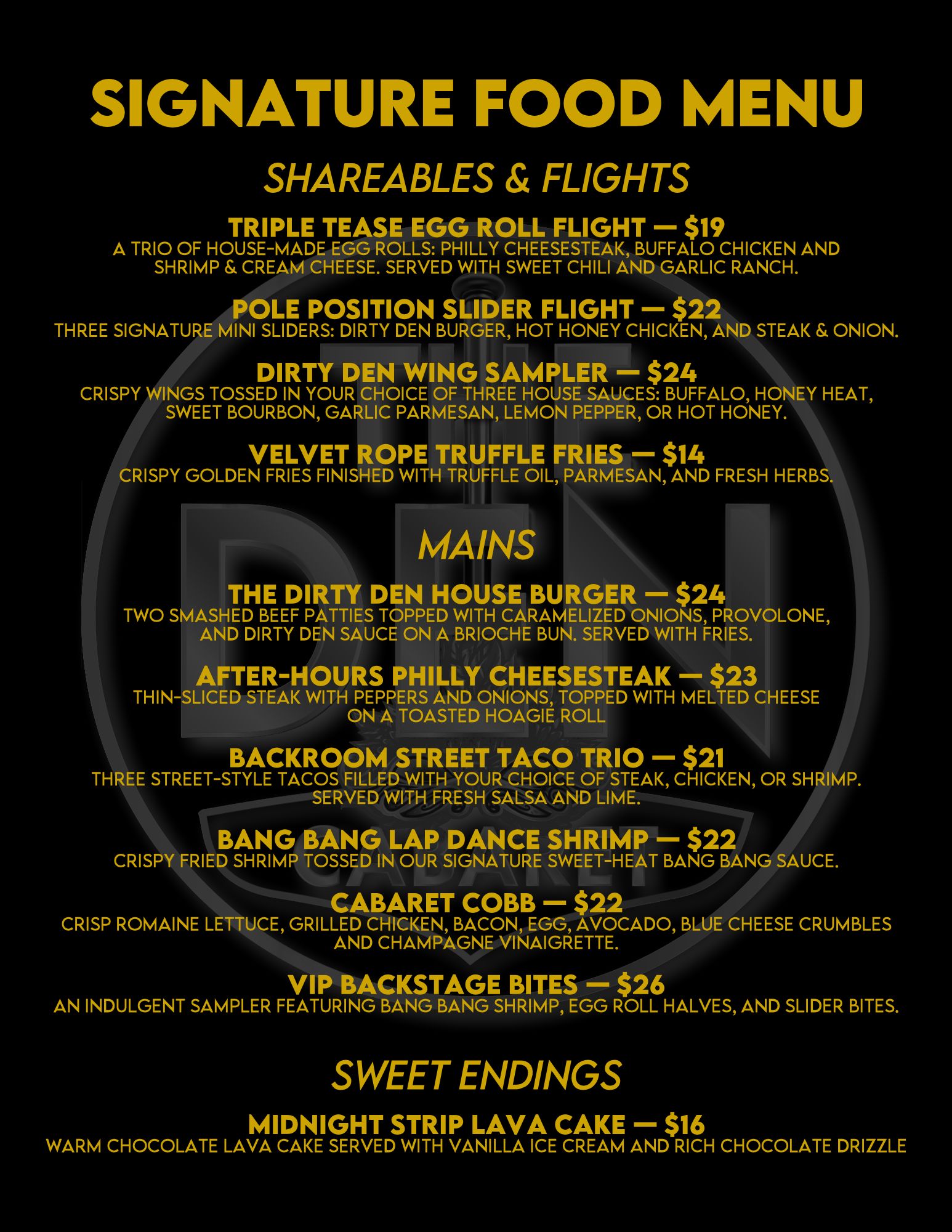 The Den Cabaret Signature Food Menu